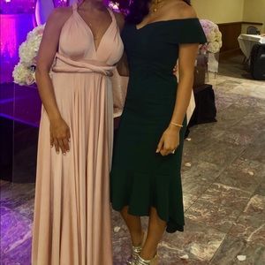 Emerald off the shoulder midi- dress